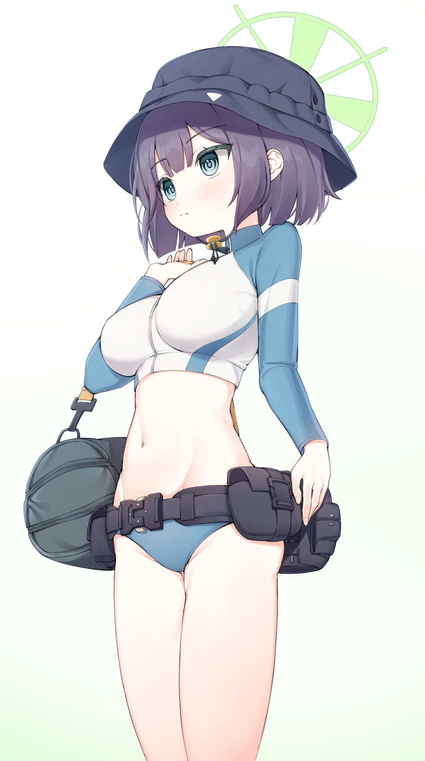 1girl absurdres bag bare_legs belt bikini black_belt black_headwear blue_archive blue_bikini blue_eyes breasts bucket_hat closed_mouth cobe duffel_bag feet_out_of_frame halo hat highres large_breasts light_blush long_sleeves looking_afar midriff navel official_alternate_costume purple_hair raglan_sleeves rash_guard saki_(blue_archive) saki_(swimsuit)_(blue_archive) short_hair simple_background solo stomach swimsuit utility_belt white_background