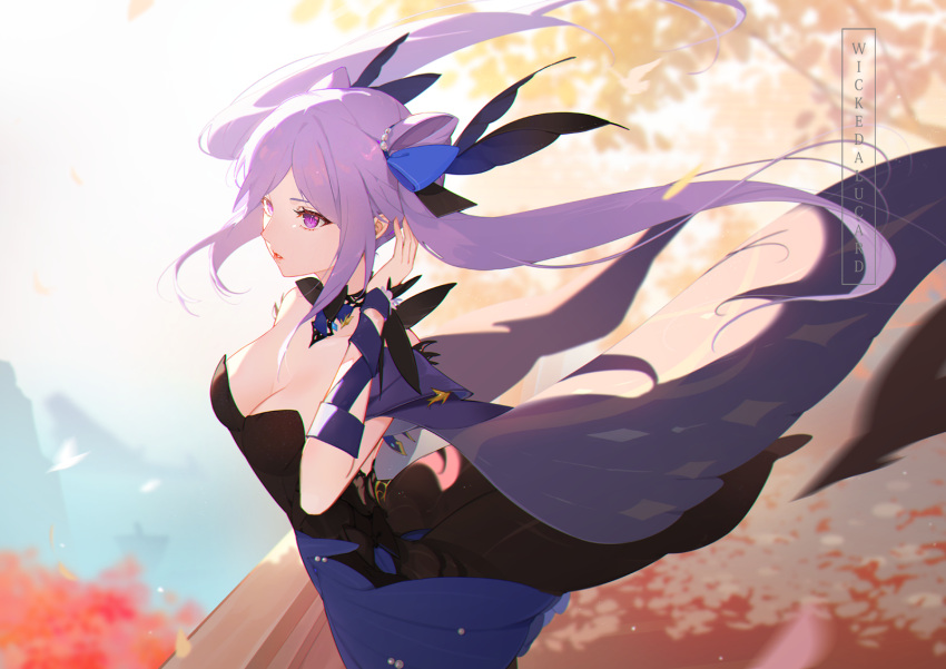 1girl bare_shoulders black_dress breasts cone_hair_bun double_bun dress genshin_impact gloves hair_bun hair_flowing_over hair_ornament highres ian_olympia keqing_(genshin_impact) keqing_(opulent_splendor)_(genshin_impact) long_hair medium_breasts multicolored_clothes multicolored_dress official_alternate_costume official_alternate_hairstyle purple_eyes purple_hair sleeveless sleeveless_dress solo strapless strapless_dress twintails two-tone_dress