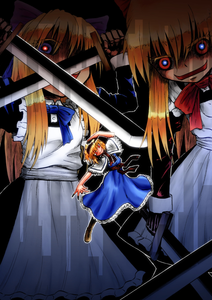 3girls alice_margatroid apron ascot black_dress blonde_hair blue_bow blue_bowtie blue_dress blue_pupils boots bow bowtie brown_footwear capelet commentary_request cross-laced_footwear dress dual_wielding frilled_ascot frilled_dress frilled_hairband frills full_body goliath_doll grin hair_between_eyes hair_bow hairband hashimoto_kentarou_(hip_hoppy) highres holding horror_(theme) hourai_doll long_bangs looking_at_viewer maid medium_bangs multiple_girls open_mouth outline red_ascot red_bow red_bowtie red_eyes red_hairband red_pupils shaded_face shanghai_doll short_hair sidelocks smile touhou white_apron white_capelet white_outline