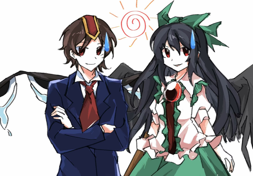 1girl 1other arm_cannon black_hair black_wings blue_jacket bow brown_hair collared_shirt commentary crossed_arms crossover fensedekaoji green_bow green_skirt hair_bow highres jacket kokutenshi_hibaru len'en long_hair looking_at_viewer necktie red_eyes red_necktie reiuji_utsuho shirt short_hair simple_background skirt smile sweatdrop symbol-only_commentary third_eye touhou upper_body weapon white_background white_shirt wings