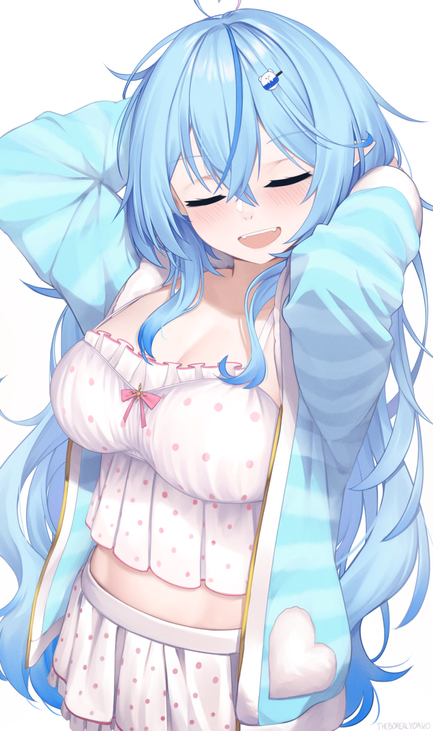 1girl ahoge arms_behind_head arms_up blue_coat blue_hair blue_jacket blush breasts camisole cleavage closed_eyes coat colored_tips daifuku_(yukihana_lamy) elf fangs frilled_camisole frills fur_trim hair_between_eyes hair_ornament hairclip heart heart_ahoge highres hololive jacket large_breasts long_hair long_sleeves midriff multicolored_hair official_alternate_costume official_alternate_hairstyle open_clothes open_mouth pointy_ears polka_dot polka_dot_camisole shirt skirt sleepwear smile streaked_hair striped striped_jacket very_long_hair virtual_youtuber white_camisole yoako yukihana_lamy yukihana_lamy_(4th_costume)