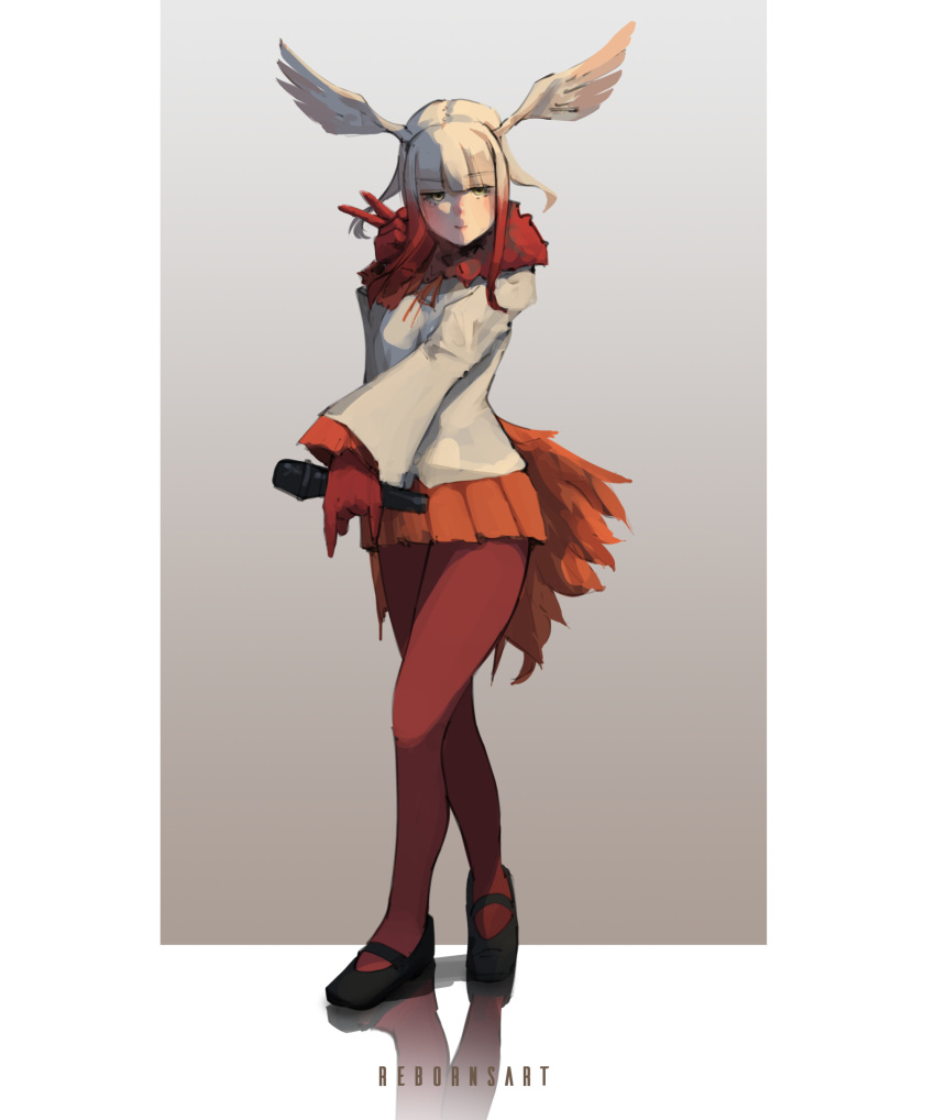 1girl absurdres artist_name bird_girl bird_tail bird_wings blunt_bangs border closed_mouth crossed_legs empty_eyes full_body fur_collar gloves gradient_background hand_up head_wings highres holding holding_microphone japanese_crested_ibis_(kemono_friends) kemono_friends light_smile long_hair long_sleeves looking_at_viewer microphone miniskirt multicolored_hair orange_skirt outside_border outstretched_arm pantyhose pleated_skirt reborns red_gloves red_hair red_pantyhose shirt shoes skirt solo spread_wings standing tail v white_border white_hair white_shirt wings yellow_eyes
