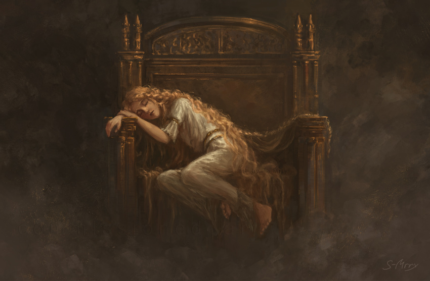 1boy blonde_hair bloodexer braid chair closed_eyes elden_ring highres long_hair miquella_(elden_ring) multiple_braids sleeping throne very_long_hair white_tunic