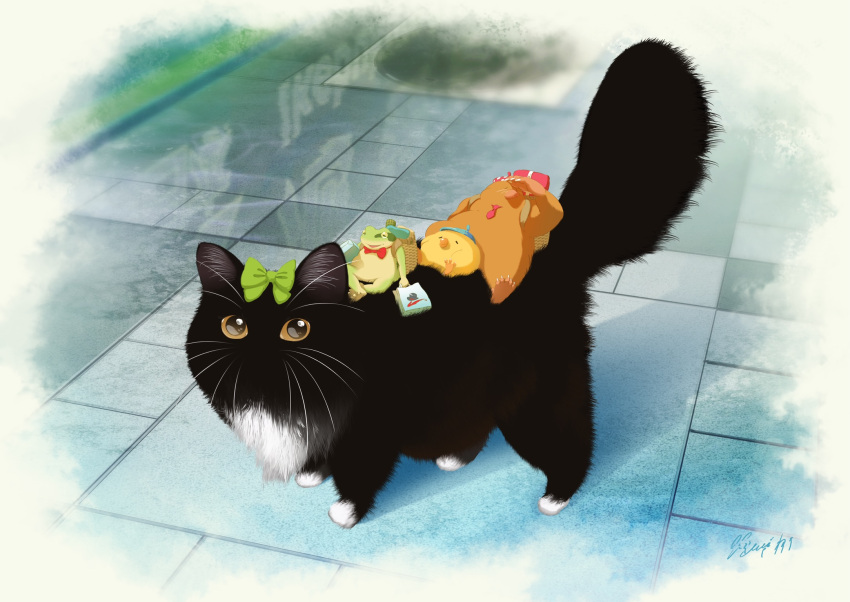 animal animal_focus bag basket bird black_cat bow bowtie cat chicken day frog green_bow hachiya_shohei highres mole_(animal) necktie original outdoors red_bow red_bowtie red_necktie scenery shopping_bag whiskers