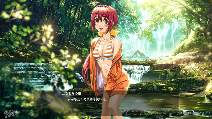 1girl ahoge artist_name bikini blue_butterfly breasts bug butterfly cleavage dialogue_box fake_screenshot forest hair_behind_ear hair_intakes hair_ribbon hood hood_down hoodie kagami_sumika looking_to_the_side low_ponytail medium_breasts muv-luv muv-luv_alternative muv-luv_alternative_(anime) nature off_shoulder open_mouth orange_hoodie orange_ribbon plant popgun_(22882502) red_hair ribbon smile solo striped striped_bikini sunlight swimsuit translation_request water waterfall wolf