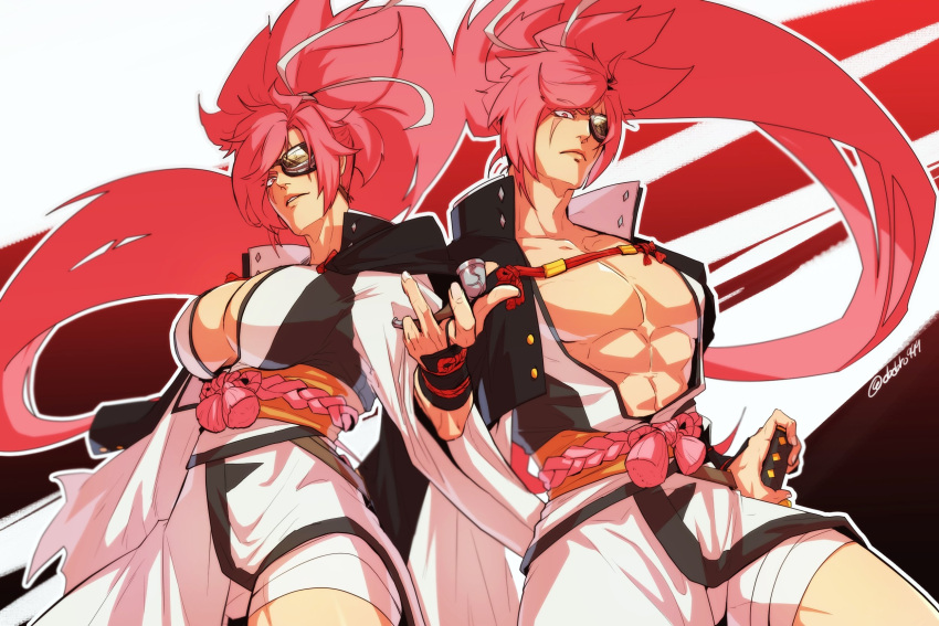 1boy 1girl amputee baiken big_hair black_jacket black_kimono breasts cleavage clone dodoro999 eyepatch facial_tattoo genderswap genderswap_(ftm) guilty_gear guilty_gear_strive highres jacket jacket_on_shoulders japanese_clothes kataginu katana kimono large_breasts large_pectorals long_hair looking_at_viewer multicolored_clothes multicolored_kimono one-eyed open_clothes open_kimono pectoral_cleavage pectorals pink_hair ponytail red_eyes samurai scar scar_across_eye scar_on_face sword tattoo torn_sleeve weapon white_kimono