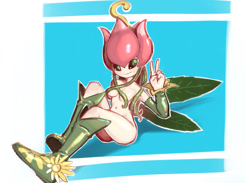 2023 5_fingers absurd_res bandai_namco biped blue_background breasts digimon digimon_(species) digital_drawing_(artwork) digital_media_(artwork) elemental_creature elemental_humanoid female fingers flora_fauna flower flower_creature flower_humanoid gesture green_hair green_wings hair hi_res humanoid leaf_wings lillymon long_hair looking_at_viewer nails napalm_express navel nude pale_skin plant plant_hair plant_humanoid pseudo_hair simple_background sitting small_breasts smile solo v_sign wings