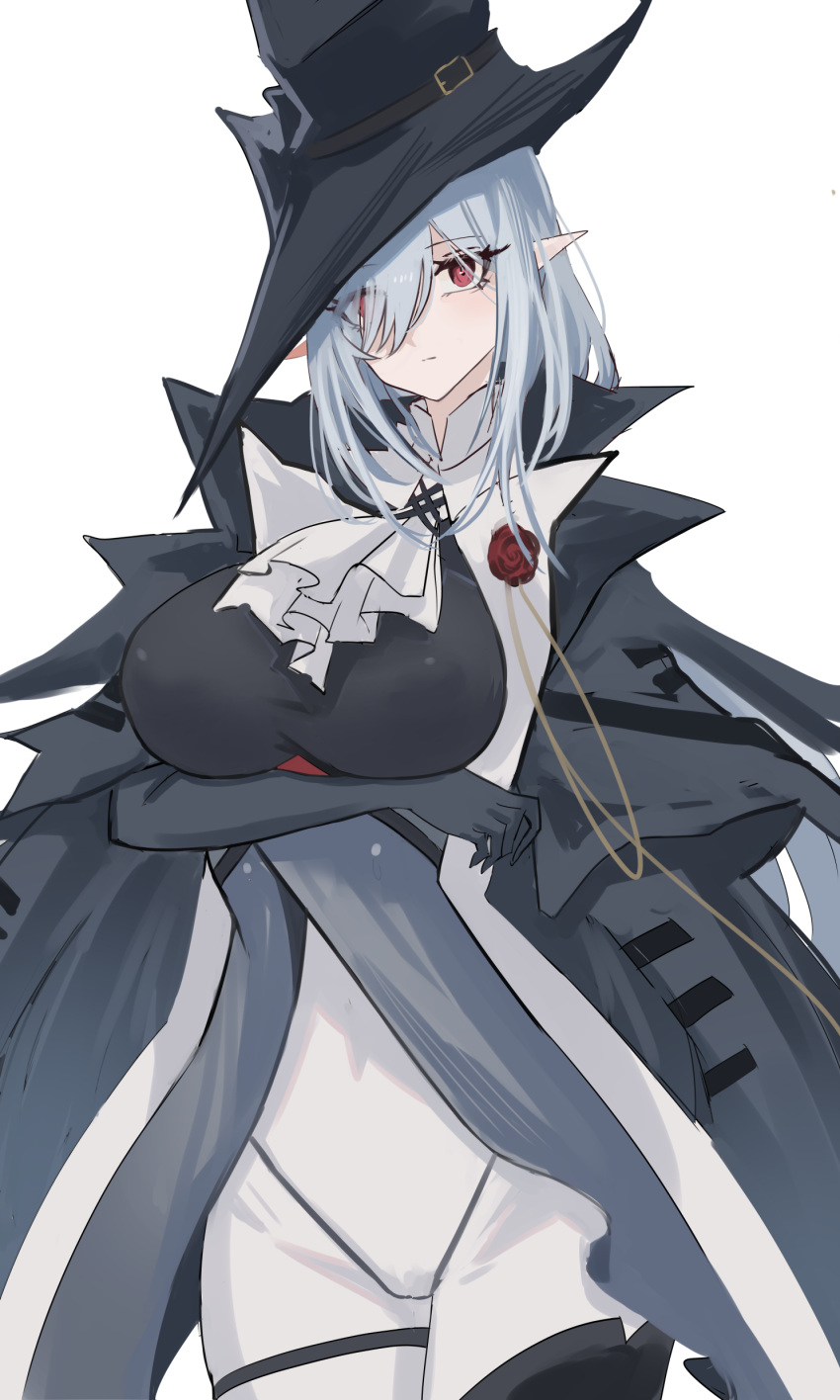 1girl absurdres arknights arm_under_breasts ascot black_coat black_gloves black_headwear blush breasts closed_mouth coat covered_navel cowboy_shot elbow_gloves gladiia_(arknights) gloves grey_hair hat high-waist_pants highres large_breasts long_hair looking_at_viewer open_clothes open_coat pants pointy_ears red_eyes shino_duka simple_background solo very_long_hair white_ascot white_background white_pants