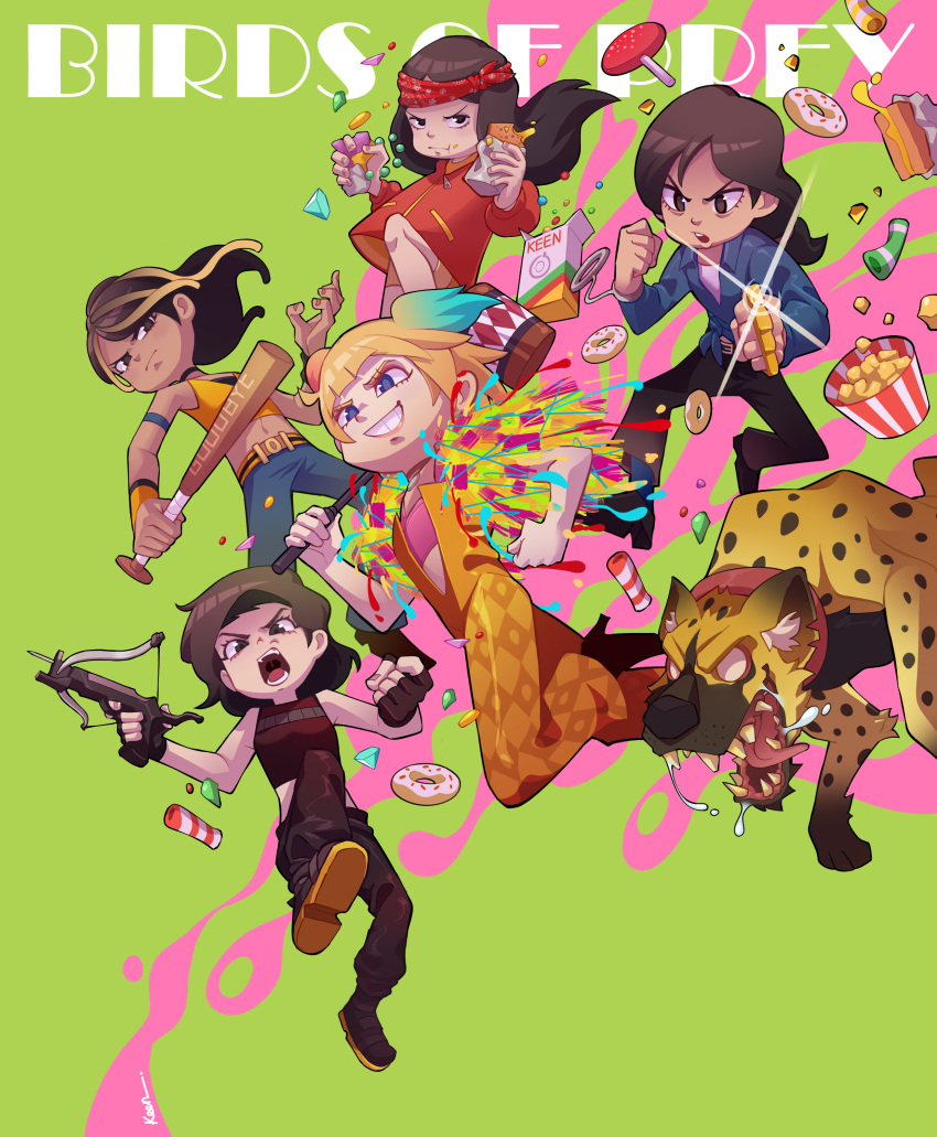 5girls absurdres bandana baseball_bat birds_of_prey blonde_hair blue_eyes brass_knuckles brown_eyes brown_hair candy cassandra_cain collar copyright_name crossbow cuffs dc_comics dc_extended_universe dinah_lance doughnut english_commentary fingerless_gloves food gem gloves green_background grin hammer handcuffs harley_quinn helena_bertinelli highres holding holding_baseball_bat holding_crossbow holding_hammer holding_weapon hyena keenbiscuit lollipop multiple_girls navel open_mouth popcorn renee_montoya smile spotted_hyena weapon