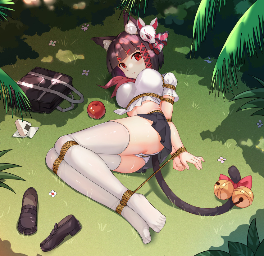 1girl absurdres animal_ear_fluff animal_ears apple arms_behind_back azur_lane bdsm bell black_skirt bondage bound bound_ankles bound_arms bound_legs bound_wrists breasts brown_hair cat_ears closed_mouth food fox_mask fruit full_body haimei1980 highres hogtie jingle_bell looking_at_viewer mask mask_on_head medium_breasts miniskirt neckerchief onigiri panties red_eyes red_neckerchief restrained rope shibari shibari_over_clothes short_hair skirt solo tail tail_bell tail_ornament thighhighs underwear upskirt white_panties white_thighhighs yamashiro_(azur_lane)