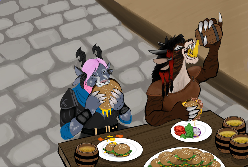 4_ears 4_horns absurd_res alcohol alcoholic_drink anthro armor bacon beer beverage black_hair black_nose blue_scarf burger chair charr claws clothed clothed_female clothing drinking duo eating eating_food eyes_closed felid feline female female/female food furniture guild_wars hair hi_res highlights_(coloring) horn klava_quickrust mammal meat mistress_lehko mug multi_ear multi_horn on_chair pile_of_food pink_hair pink_nose plates raised_finger raised_pinky red_highlights scarf sibling_(lore) sister_(lore) sisters_(lore) sitting sitting_on_chair zenhasu_stormclaw