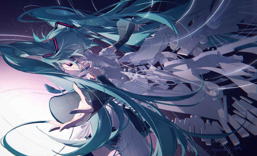 1girl absurdres bare_shoulders black_skirt black_sleeves black_thighhighs blue_hair blue_nails blue_necktie collared_shirt cowboy_shot detached_sleeves floating_hair foreshortening from_behind hair_ornament hatsune_miku headphones highres long_hair nail_polish necktie notebook number_tattoo nyansky palette_(object) piano_keys see-through see-through_sleeves shirt sidelighting sidelocks signature skirt solo space tattoo thighhighs tie_clip twintails very_long_hair vocaloid white_shirt zipper_pull_tab