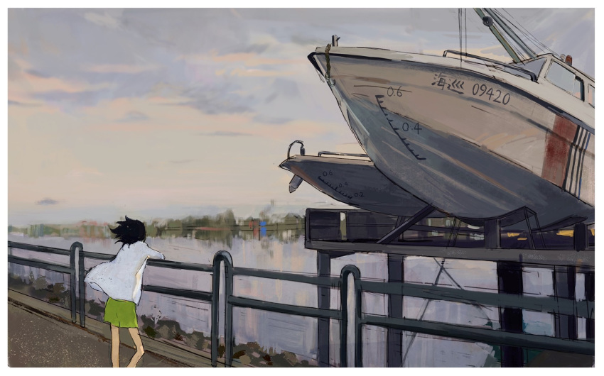 1girl bare_legs black_hair boat cloud cloudy_sky commentary dock dusk english_commentary feet_out_of_frame floating_hair from_behind green_shorts highres horizon kgeroua long_sleeves medium_hair original outdoors plimsoll_line railing reflection river shirt shorts sky solo watercraft white_shirt