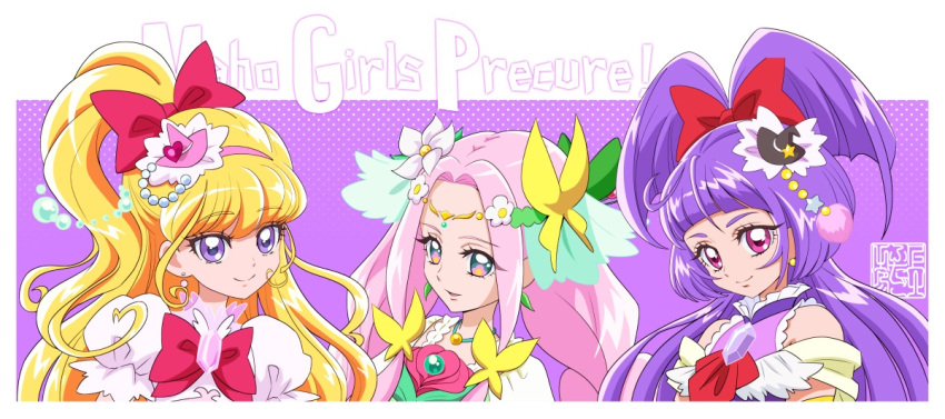 3girls artist_logo asahina_mirai blonde_hair bow brooch commentary_request copyright_name cure_felice cure_magical cure_miracle earrings eyelashes flower hair_bow hair_flower hair_ornament hairband half_updo hanami_kotoha happy hat high_ponytail high_side_ponytail izayoi_liko jewelry kamikita_futago long_hair looking_at_viewer magical_girl mahou_girls_precure! mini_hat mini_witch_hat multiple_girls pink_bow pink_eyes pink_hair ponytail precure puffy_short_sleeves puffy_sleeves purple_eyes purple_hair short_sleeves side_ponytail sleeveless smile twintails witch witch_hat