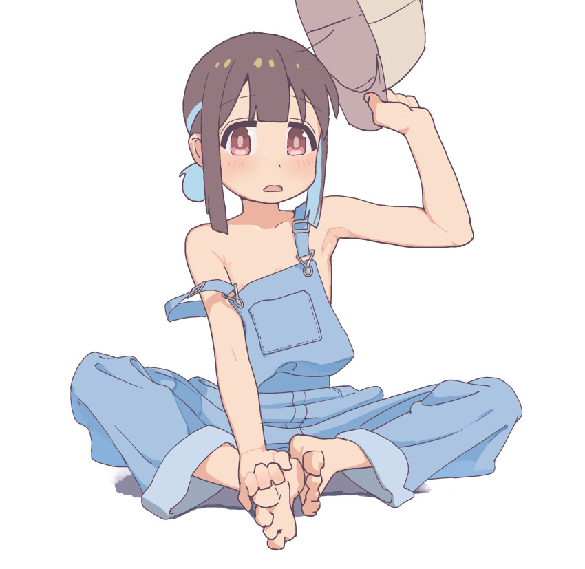 1girl bare_arms bare_shoulders barefoot baseball_cap blunt_bangs brown_eyes brown_hair butterfly_sitting collarbone commentary feet flat_chest full_body hand_on_own_foot hat highres holding holding_clothes holding_hat hozuki_momiji kuukyokurui light_blush looking_at_viewer multicolored_hair naked_overalls nipple_slip nipples onii-chan_wa_oshimai! open_mouth overalls short_hair short_ponytail sidelocks simple_background sitting solo strap_slip toes two-tone_hair white_background