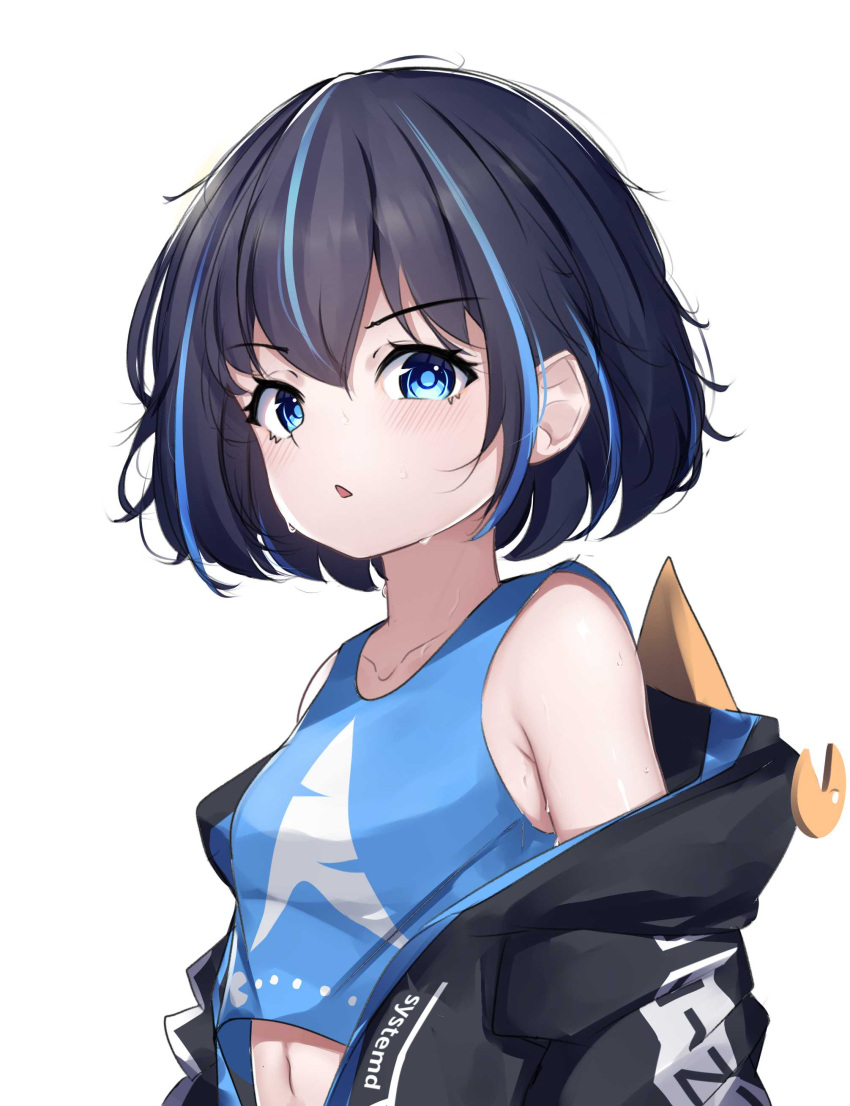 absurdres arch_linux black_hair black_jacket blue_eyes blue_hair blue_shirt crop_top highres hood hooded_jacket jacket linux logo looking_at_viewer multicolored_hair open_clothes open_jacket os-tan pac-man personification raviolimavioli shirt streaked_hair sweat two-tone_hair