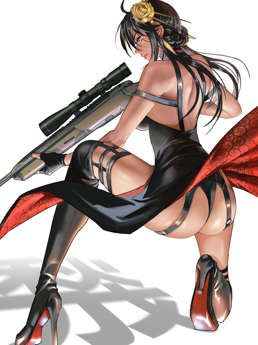 1girl absurdres ass back bare_shoulders black_dress black_gloves black_panties boots breasts chinese_text dress earrings fingerless_gloves floating_hair floral_print flower from_side full_body garter_straps gloves gold gold_earrings gun hair_flower hair_ornament hehuolige high_heel_boots high_heels highres holding holding_gun holding_weapon jewelry kneeling large_breasts legs lips long_hair panties parted_lips red_eyes rifle rose_print scope shadow sidelocks simple_background sniper_rifle spikes spy_x_family thigh_boots thighs two-sided_dress two-sided_fabric underwear weapon white_background yor_briar