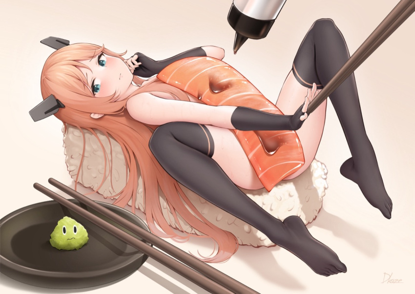 1girl aqua_eyes black_gloves black_thighhighs blush chopsticks closed_mouth driftkingtw fingerless_gloves flat_chest food gloves headgear kantai_collection long_hair orange_hair rice salmon_(kancolle) solo sushi thighhighs wasabi