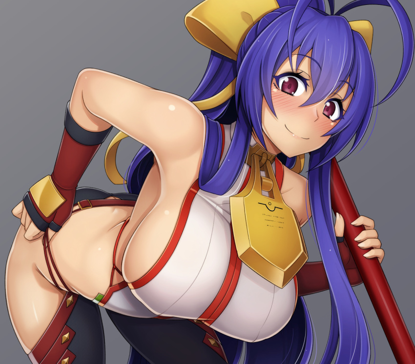 1girl alfort_(may0508) antenna_hair backless_outfit bare_shoulders blazblue blazblue:_central_fiction blazblue_variable_heart blue_hair blush breasts eyebrows_hidden_by_hair fingerless_gloves gloves hair_between_eyes hair_ribbon halterneck high_ponytail holding holding_polearm holding_weapon huge_breasts leaning_forward long_hair looking_at_viewer lowleg mai_natsume outseal polearm purple_eyes red_gloves ribbon sideboob sidelocks smile solo very_long_hair weapon yellow_ribbon