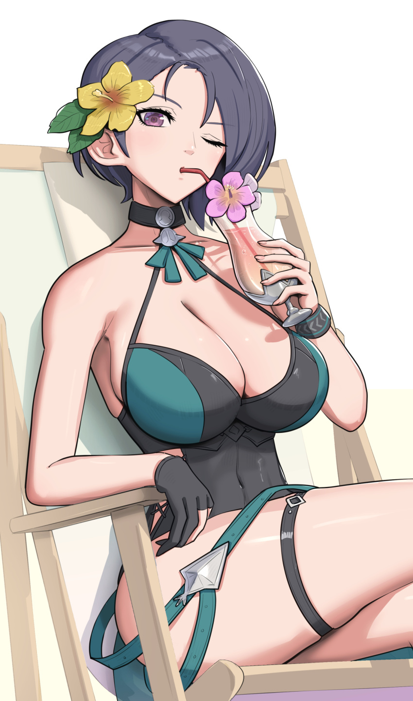 1girl absurdres bare_shoulders beach_chair black_choker black_gloves black_hair black_one-piece_swimsuit breasts choker cocktail_glass commentary crossed_legs cup drinking drinking_glass drinking_straw fire_emblem fire_emblem:_three_houses fire_emblem_heroes flower gloves gonzarez green_one-piece_swimsuit hair_flower hair_ornament halterneck hibiscus highres holding holding_cup large_breasts looking_at_viewer official_alternate_costume one-piece_swimsuit one_eye_closed partially_fingerless_gloves purple_eyes shamir_nevrand shamir_nevrand_(summer) short_hair simple_background single_glove sitting solo swimsuit thigh_strap tropical_drink two-tone_swimsuit