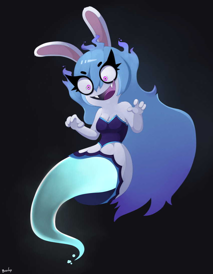 4_fingers absurd_res anthro biocrine black_background black_eyebrows black_eyeliner blue_clothing blue_dress blue_hair blue_tail breasts cleavage clothed clothing dress eyebrows fangs female fingers fur ghost ghost_tail hair hi_res lagomorph leporid mammal medium_breasts midnite_(mario_plus_rabbids) multicolored_clothing multicolored_dress open_mouth pink_ears pink_eyes pink_tongue rabbid rabbit raving_rabbids rayman_(series) shaded signature simple_background solo spirit split_form tail teeth tongue two_tone_clothing two_tone_dress ubisoft white_body white_clothing white_dress white_fur wide_eyed