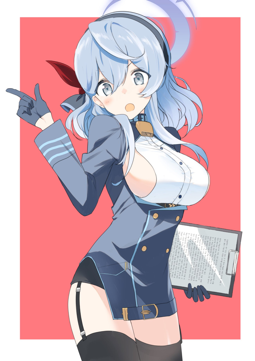 1girl ako_(blue_archive) bell black_gloves black_thighhighs blue_archive blue_collar blue_hair blue_jacket blush border breasts clipboard collar cowbell eka_eri garter_straps gloves grey_eyes hair_between_eyes hairband halo highres holding holding_clipboard jacket long_sleeves looking_at_viewer medium_hair open_mouth red_background sideboob simple_background solo thighhighs white_border