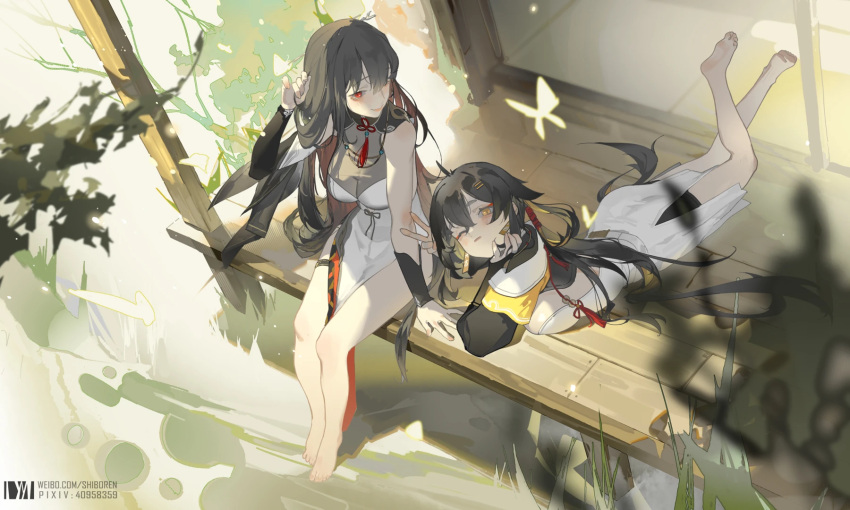 2girls aether_gazer bare_legs barefoot black_hair breasts bug butterfly character_request day dm_(dai_miao) dress from_above hair_between_eyes highres large_breasts long_hair long_sleeves lying multiple_girls on_stomach red_eyes sitting the_pose veranda very_long_hair white_dress yellow_eyes