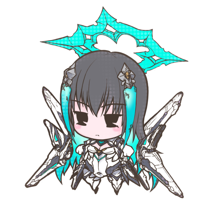 1girl aqua_hair black_hair blush breasts chibi cyborg full_body hair_ornament halo highres joints light_frown long_hair mechanical_parts mechanical_wings medium_breasts multicolored_hair oileu_athena_series phantasy_star phantasy_star_online_2 phantasy_star_online_2_new_genesis robot_joints solo very_long_hair waraibito wings