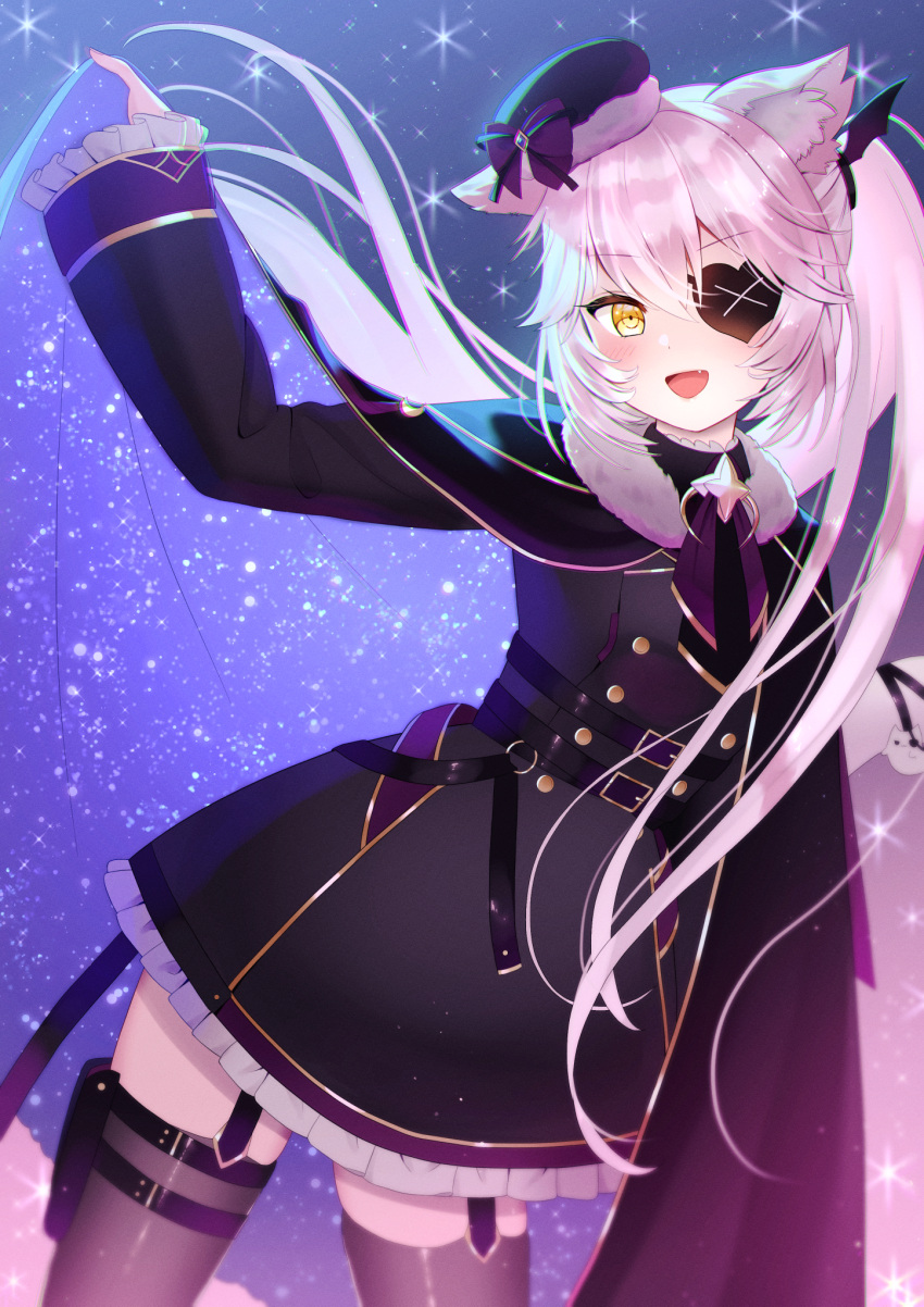 1girl animal_ear_fluff animal_ears black_dress black_garter_straps black_jacket black_thighhighs blush cape cat_ears cat_girl dress eyepatch fang garter_straps gothic_lolita hair_ornament heart heart_eyepatch highres indie_virtual_youtuber jacket lolita_fashion long_hair long_sleeves looking_at_viewer nyatasha_nyanners open_mouth pink_hair sleeves_past_wrists smile solo thigh_strap thighhighs unisanjou virtual_youtuber yellow_eyes