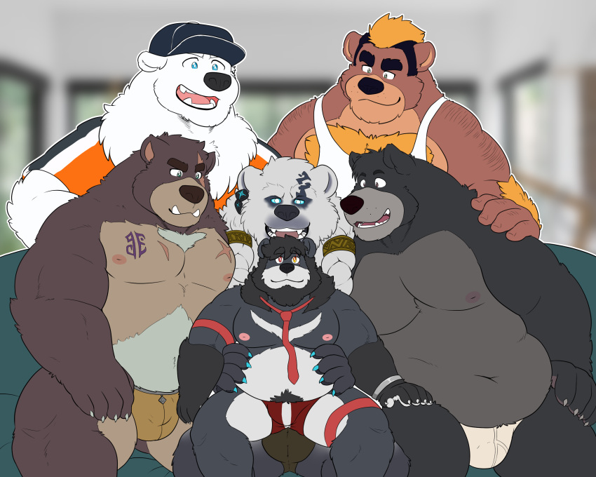 anthro baloo bear black_bear brown_bear brown_body brown_fur clothed clothing digital_media_(artwork) disney etalus extracurricular_activities fur furniture grizzly_bear group hair harold_grifter hi_res hybrid kemo_coliseum kosukerw krousser league_of_legends living_room lovers_of_aether male male/male mammal meme moon_bear musclegut muscular muscular_male nipples overweight polar_bear riot_games rivals_of_aether simple_background sloth_bear smile smirk sofa talespin tharsix the_jungle_book ursine volibear white_body white_fur