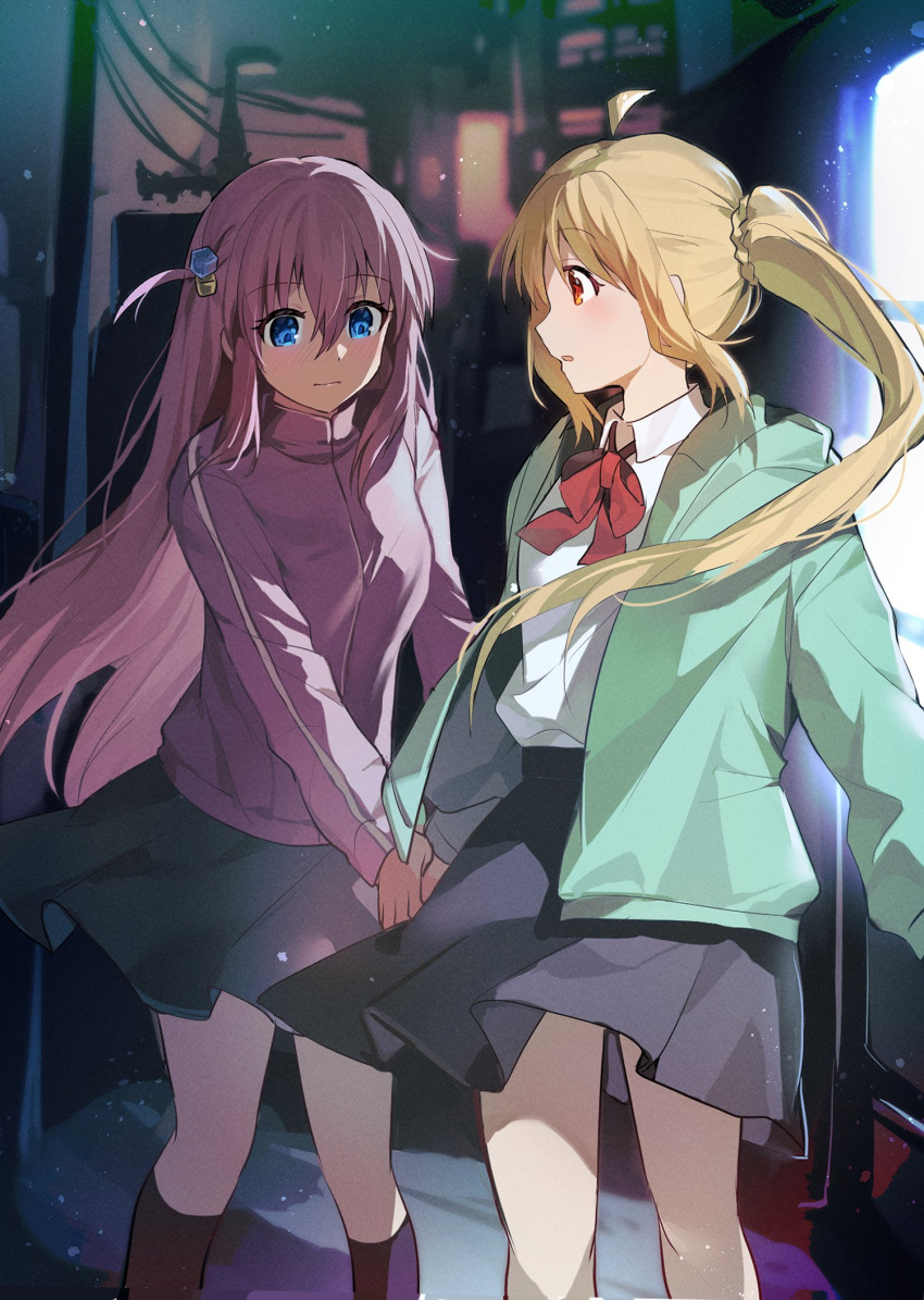 2girls ahoge akitsuki_(oenothera) black_skirt blonde_hair blue_eyes blush bocchi_the_rock! bow bowtie closed_eyes closed_mouth cube_hair_ornament green_jacket hair_between_eyes hair_ornament highres holding_hands ijichi_nijika jacket long_hair long_sleeves looking_at_another multiple_girls open_clothes open_jacket outdoors pink_hair pink_jacket red_bow red_bowtie red_eyes shirt side_ponytail skirt standing white_shirt
