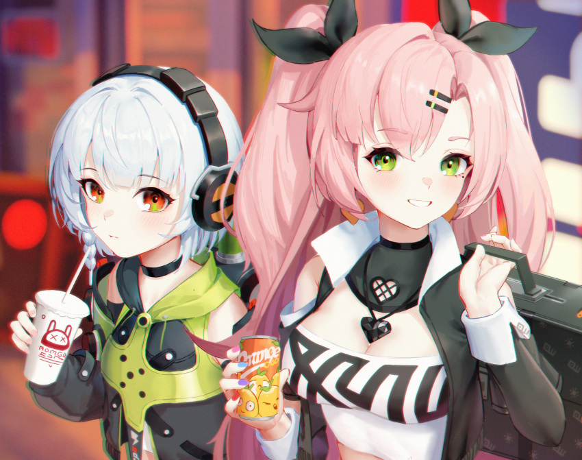 2girls absurdres bare_shoulders black_choker black_jacket black_ribbon breasts can cavcaz character_request choker cleavage commentary_request cup disposable_cup green_eyes grey_hair grin hair_ornament hair_ribbon hairclip hand_up headphones highres holding holding_can holding_cup jacket large_breasts long_hair looking_at_viewer mole mole_under_eye multiple_girls nicole_demara open_clothes open_jacket orange_eyes pink_hair ribbon smile soda_can strapless tube_top upper_body very_long_hair zenless_zone_zero