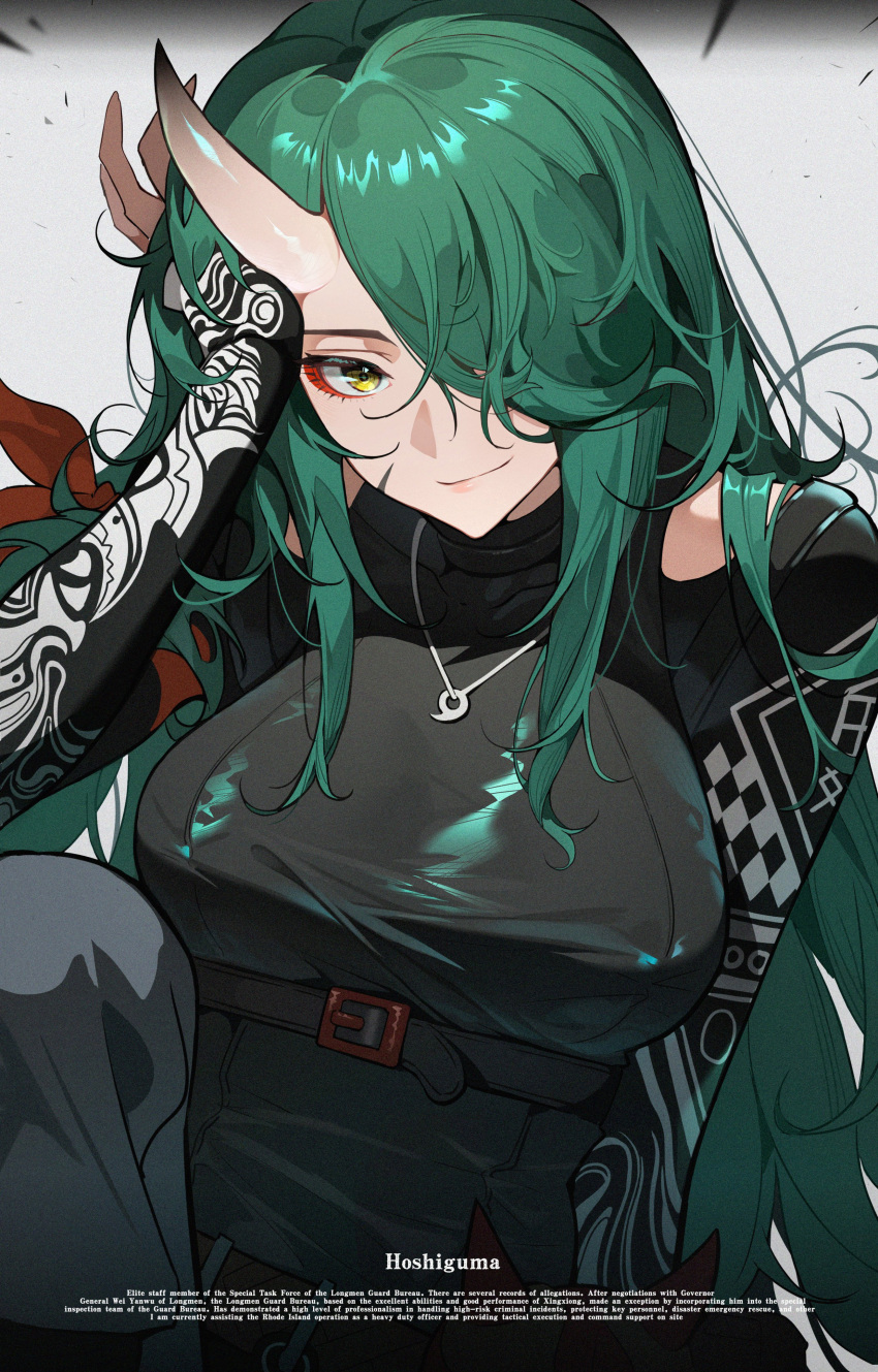 1girl absurdres arknights black_pants black_shirt breasts character_name closed_mouth clothing_cutout commentary_request english_text green_hair hachisan hair_over_one_eye hand_up highres horns hoshiguma_(arknights) hoshiguma_(patrolling_ronin)_(arknights) large_breasts long_hair official_alternate_costume oni_horns pants scar scar_on_face shirt shoulder_cutout sidelocks single_horn solo yellow_eyes