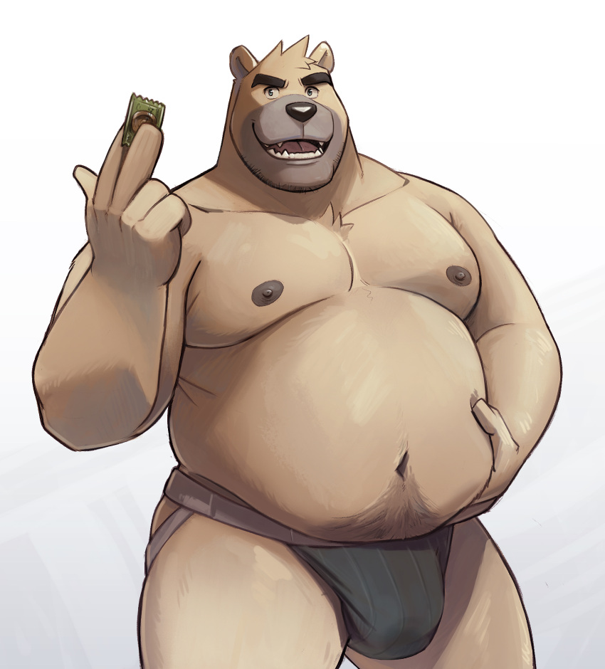 2023 anthro barechested bear belly big_belly body_hair clothed clothing condom happy_trail hi_res holding_belly holding_condom holding_object jockstrap jockstrap_only looking_at_viewer male mammal manly moobs navel nipples open_mouth overweight overweight_male polar_bear sexual_barrier_device shirtless shirtless_male simple_background solo standing topless topless_male underwear underwear_only ursine white_background zcdartz