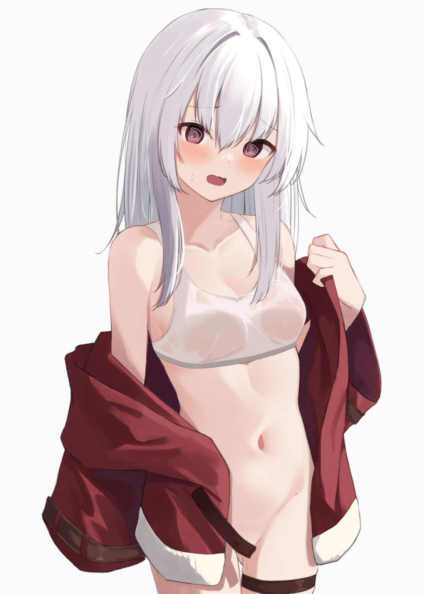 1girl @_@ absurdres bare_shoulders blush bottomless breasts brown_eyes clara_(honkai:_star_rail) collarbone commentary_request convenient_censoring cowboy_shot grey_hair groin hair_between_eyes highres honkai:_star_rail honkai_(series) jacket long_hair looking_at_viewer memekko navel off_shoulder open_clothes open_jacket open_mouth partial_commentary red_jacket simple_background skindentation small_breasts solo sports_bra standing sweat thigh_strap wavy_mouth white_background