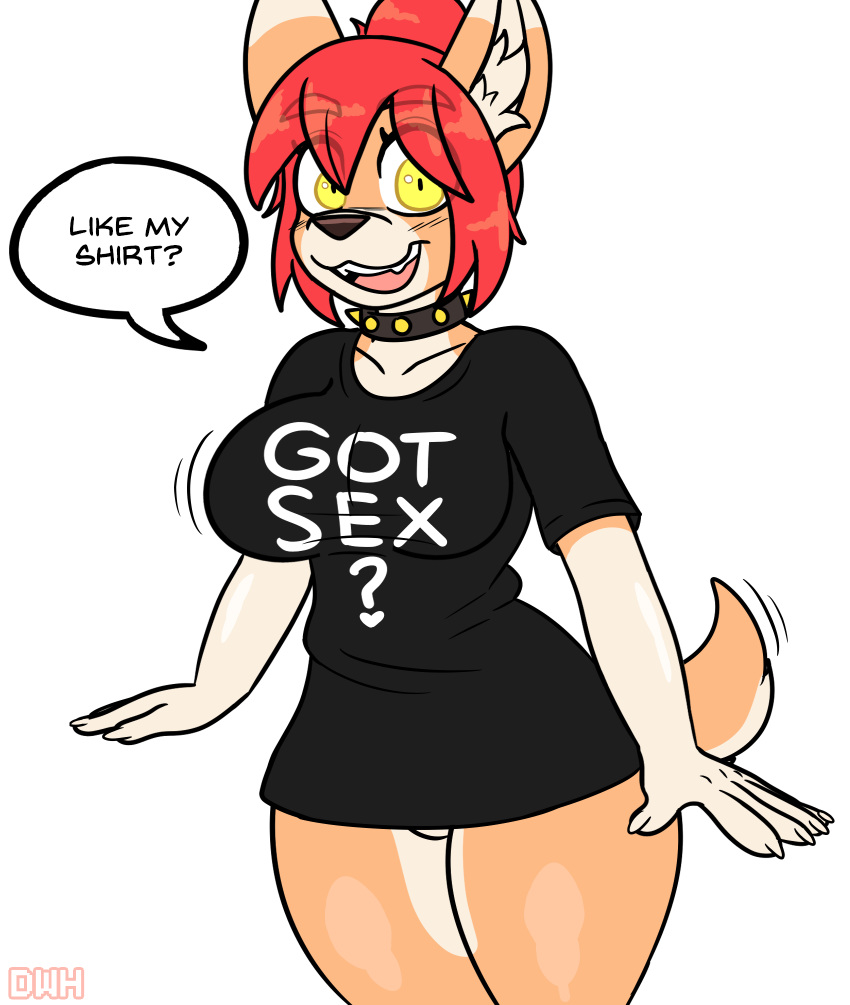 anthro bottomless bottomless_female breasts canid canine canis claws clothed clothing collar darkwolfhybrid dialogue domestic_dog ear_tuft female hair heiko_(domasarts) hi_res inner_ear_fluff looking_at_viewer mammal red_hair shirt solo speech_bubble spiked_collar spikes t-shirt t-shirt_only text text_on_clothing text_on_shirt text_on_topwear topwear tuft yellow_eyes