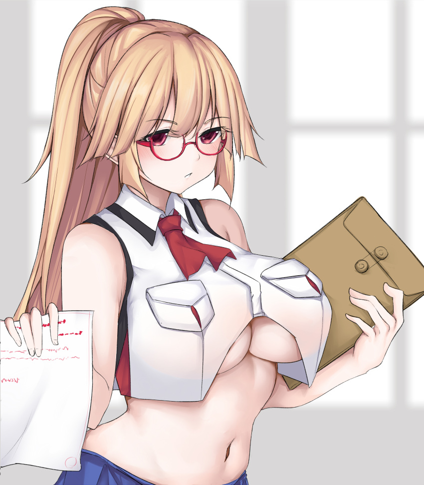 1girl absurdres alternate_hairstyle bespectacled blonde_hair breast_pocket breasts brooklyn_(kancolle) cropped_jacket folder glasses highres holding holding_folder holding_paper jacket jiangyou_dang kantai_collection large_breasts long_hair navel paper pocket ponytail red-framed_eyewear red_eyes semi-rimless_eyewear sleeveless sleeveless_jacket solo under-rim_eyewear upper_body white_jacket