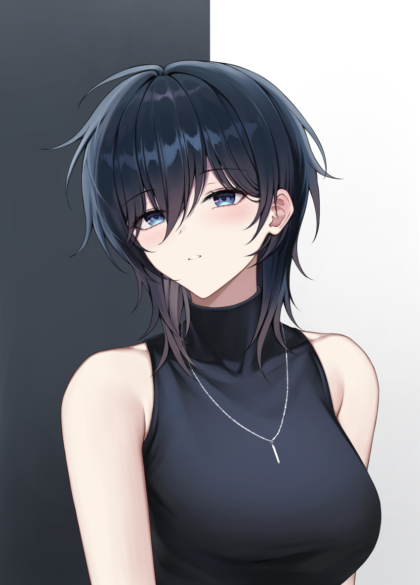 1girl absurdres black_background black_hair black_shirt blue_eyes breasts foxie30 highres jewelry large_breasts looking_at_viewer medium_hair necklace original parted_lips shirt sleeveless sleeveless_shirt solo two-tone_background upper_body white_background yokoyama_ishimi