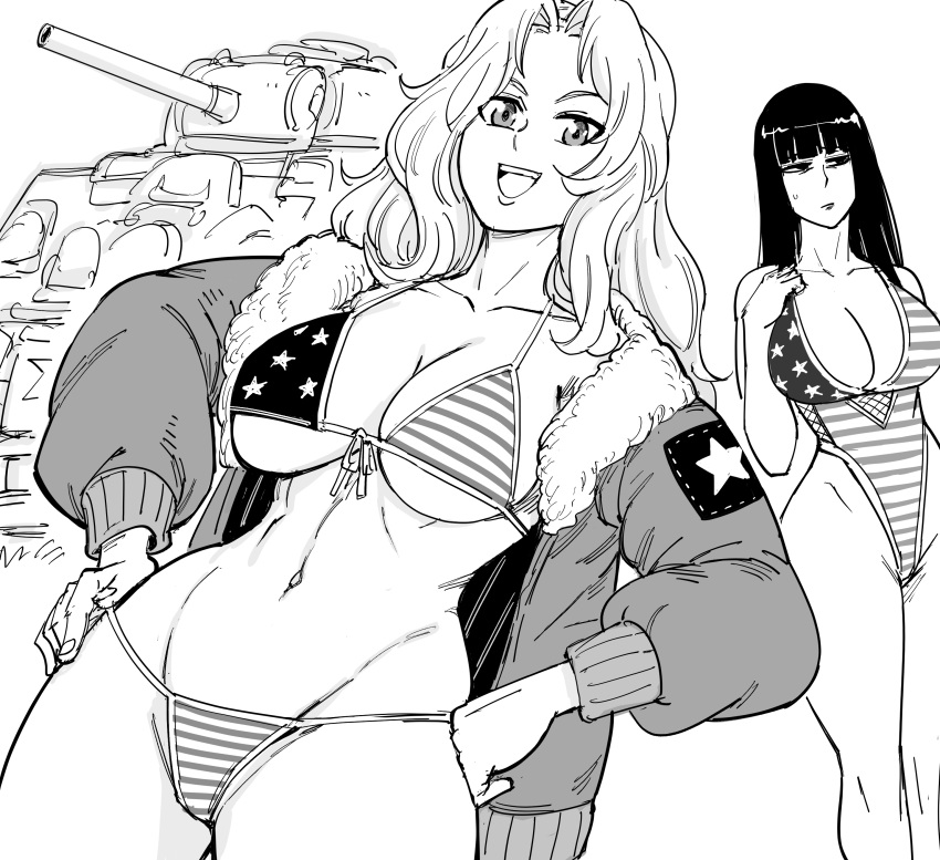 2girls absurdres american_flag_bikini american_flag_swimsuit bb_(baalbuddy) bikini blunt_bangs bomber_jacket breasts cleavage commentary curvy english_commentary flag_print fourth_of_july front-tie_bikini_top front-tie_top girls_und_panzer greyscale hands_on_own_hips highres jacket kay_(girls_und_panzer) large_breasts linea_alba long_hair military_vehicle monochrome motor_vehicle multiple_girls navel nishizumi_shiho one-piece_swimsuit open_clothes open_jacket plunging_neckline straight_hair swimsuit tank teeth underboob upper_teeth_only