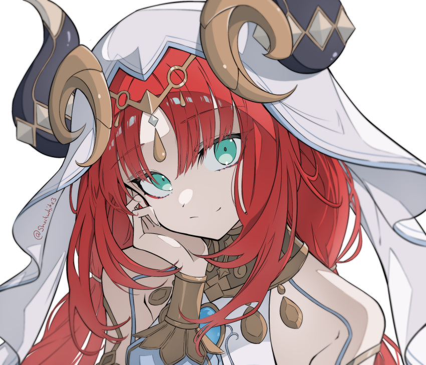 1girl bare_shoulders blue_eyes blue_gemstone blunt_bangs bracer brooch circlet colored_eyelashes dancer detached_sleeves eyeshadow fake_horns gem genshin_impact gold_trim green_eyes hand_on_own_cheek hand_on_own_face hand_up harem_outfit head_tilt highres horns jewelry light_smile long_hair looking_at_viewer low_twintails makeup neck_ring nilou_(genshin_impact) parted_bangs portrait puffy_sleeves red_eyeshadow red_hair ring_hair_ornament shockwhite3 signature simple_background smile solo twintails twitter_username veil white_background white_headdress white_headwear white_veil