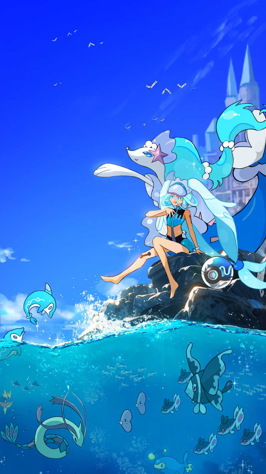 1girl :d absurdres arm_support ball barefoot beachball blue_theme bracelet carvanha commentary_request day finizen finneon green_hair grey_headwear hand_up hatsune_miku highres jewelry lanturn legs long_hair low-tied_long_hair lumineon luvdisc milotic mizuiro_abokado ocean open_mouth outdoors pokemon pokemon_(creature) primarina project_voltage sitting sky smile swimsuit twintails visor_cap vocaloid wingull