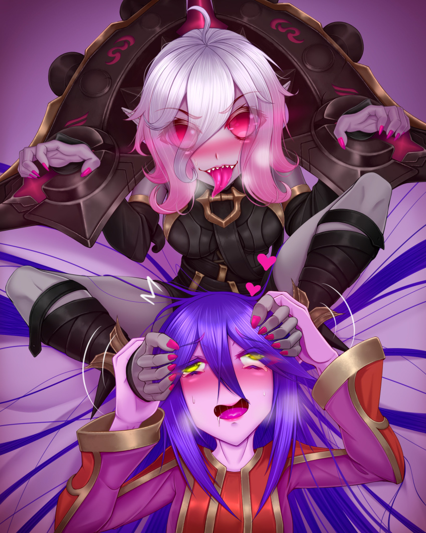 ahoge blush briar_(league_of_legends) colored_sclera colored_skin drooling fingernails foot_on_another's_face grey_hair hair_between_eyes highres league_of_legends long_hair lulu_(league_of_legends) multicolored_hair multiple_girls oldlim open_mouth pink_hair pointy_ears purple_hair purple_skin sharp_fingernails sharp_teeth streaked_hair teeth two-tone_hair vampire wrist_cuffs yordle