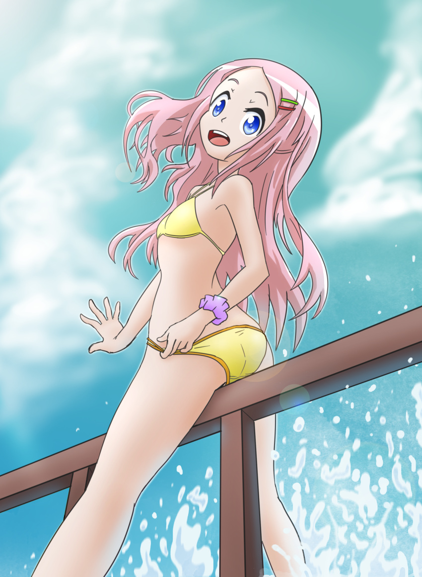 1girl :d absurdres artist_request ass bench bikini bikini_bottom_pull bikini_pull blue_sky character_request clothes_pull cloud copyright_request day hair_ornament hairclip happy highres kneepits looking_at_viewer open_mouth original pink_hair pridoge pulling purple_wristband sky smile swimsuit teeth upper_teeth_only wristband yellow_bikini