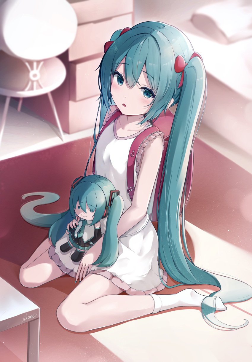 1girl absurdres aqua_hair aqua_nails artist_name backpack bag bed blurry blurry_background bow chair character_doll commentary crossed_bangs drawer fingernails flat_chest hair_between_eyes hair_bow hatsune_miku highres indoors light_blush long_hair looking_at_viewer nail_polish no_shoes okome_(okome_0627ha) parted_lips pink_bow randoseru rug shirt sitting skirt sleeveless sleeveless_shirt socks solo table twintails very_long_hair vocaloid wariza white_shirt white_skirt white_socks