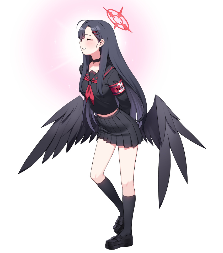 1girl absurdres armband artpatient black_choker black_footwear black_hair black_sailor_collar black_serafuku black_skirt black_socks black_wings blue_archive breasts choker closed_eyes feathered_wings full_body halo highres ichika_(blue_archive) long_hair long_sleeves low_wings medium_breasts neckerchief open_mouth pleated_skirt profile red_armband red_halo red_neckerchief safety_pin sailor_collar school_uniform serafuku shoes skirt smile socks solo wings