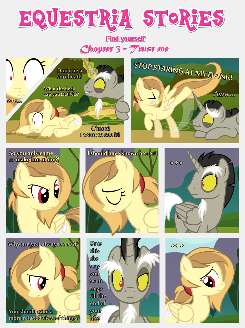 absurd_res alice_goldenfeather_(estories) black_border border cutie_mark dialogue discord_(mlp) duo ears_up english_text equid equine estories eyes_closed fake_cutie_mark female feral folded_wings friendship_is_magic frown glowing glowing_horn hasbro hi_res horn kick magic male mammal my_little_pony outside pegasus personal_space_invasion plant sad shrub smile stop text wide_eyed winged_unicorn wings