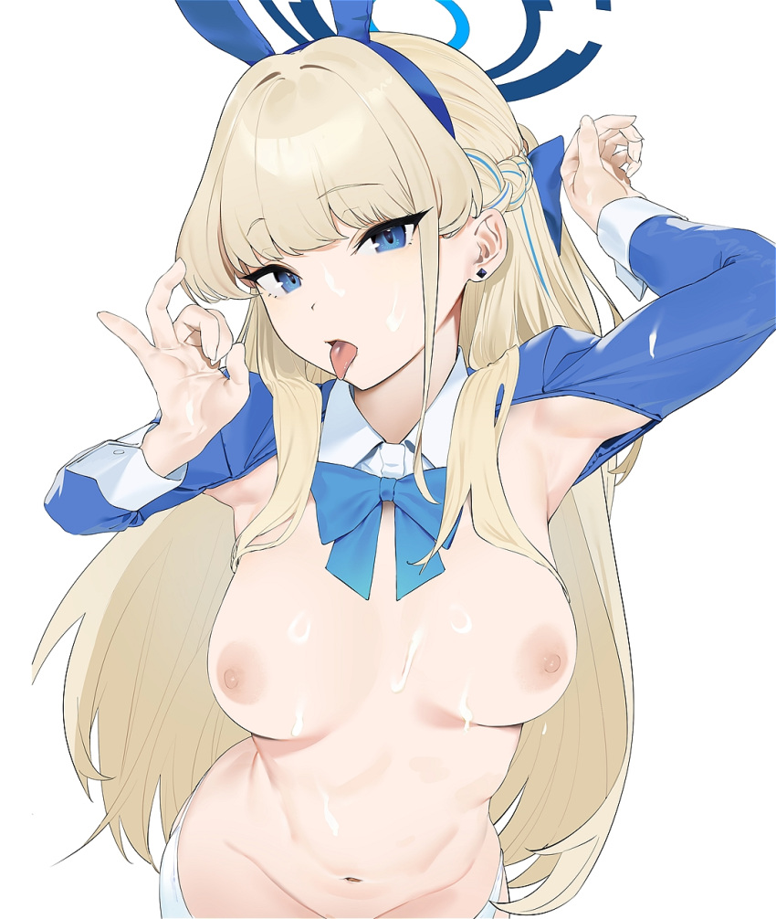 1girl alternate_costume animal_ears blonde_hair blue_archive blue_eyes blue_hair blue_halo blue_sleeves breasts commentary_request cum cum_on_body cum_on_breasts fake_animal_ears fellatio_gesture halo handjob_gesture highres kitou_sakeru long_hair long_sleeves looking_at_viewer medium_breasts meme_attire multicolored_hair navel nipples open_mouth out-of-frame_censoring rabbit_ears reverse_bunnysuit reverse_outfit simple_background solo stomach toki_(blue_archive) toki_(bunny)_(blue_archive) tongue tongue_out two-tone_hair white_background