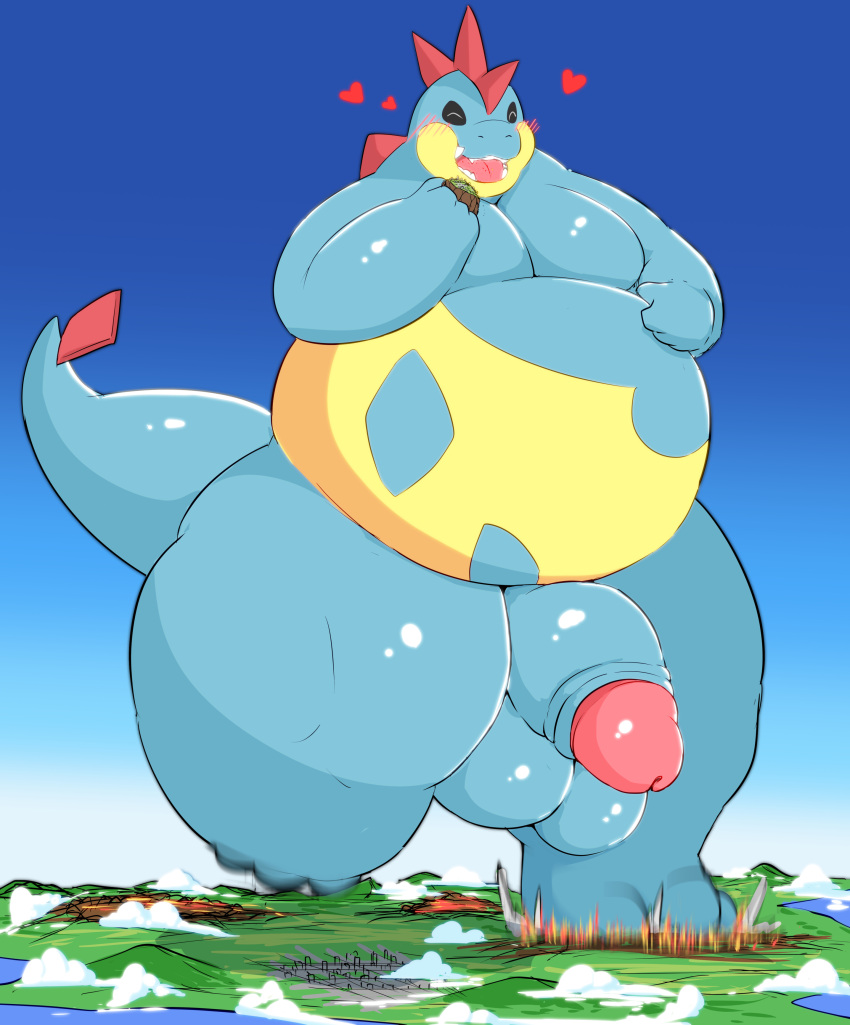 &lt;3 absurd_res anthro balls big_balls blue_body blush croconaw eating eyes_closed generation_2_pokemon genitals giga hi_res humanoid_genitalia humanoid_penis kify landscape_dwarfing macro male nintendo overweight overweight_anthro overweight_male penis pokemon pokemon_(species) solo stomping thick_thighs yellow_body