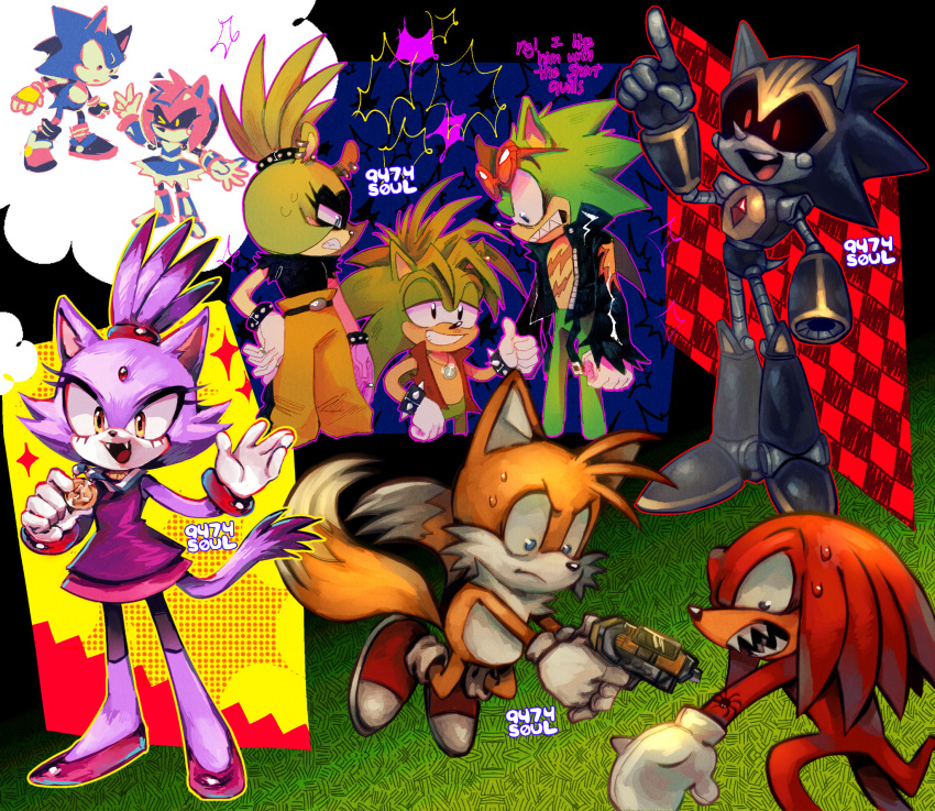 3girls 6+boys 9474s0ul aiming animal_ears animal_nose black_eyes black_jacket blaze_the_cat blue_eyes bug cat_ears cat_girl cat_tail closed_mouth dress english_text eyewear_on_head fangs fox_boy fox_ears fox_tail furry furry_female furry_male gloves gun half-closed_eyes highres holding holding_gun holding_weapon jacket knuckles_the_echidna long_sleeves looking_at_another looking_at_viewer manic_the_hedgehog medal metal_amy multiple_boys multiple_girls multiple_tails official_alternate_costume open_clothes open_jacket open_mouth orange_pants pants pointing pointing_up ponytail purple_dress red-framed_eyewear red_eyes red_footwear robot scar scar_on_chest scourge_the_hedgehog shard_the_metal_sonic sharp_teeth shoes smile sonic_(series) sonic_the_hedgehog sonic_the_hedgehog_(archie_comics) sonic_the_hedgehog_(idw) sonic_underground spider standing sunglasses surge_the_tenrec sweat tail tails_(sonic) teeth thumbs_up torn_clothes torn_sleeves two_tails weapon white_gloves yellow_eyes