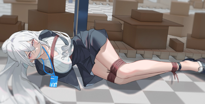 1girl arms_behind_back bdsm black_skirt blazer bondage bound box breasts bronya_zaychik bronya_zaychik_(silverwing:_n-ex) cardboard_box checkered_floor comet_(user_fjsa4577) gagged grey_eyes high_heels highres honkai_(series) honkai_impact_3rd id_card jacket large_breasts legs long_hair lying office_lady on_floor on_side pink_pupils ponytail restrained ribbed_sweater rope skirt solo sweater very_long_hair white_hair white_sweater